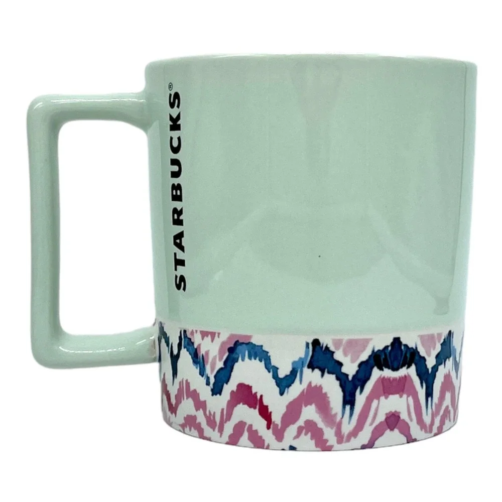 STARBUCKS 2017 Mint Green Watercolor Zigzag Ceramic Coffee Cup Mug 12 oz Pastel